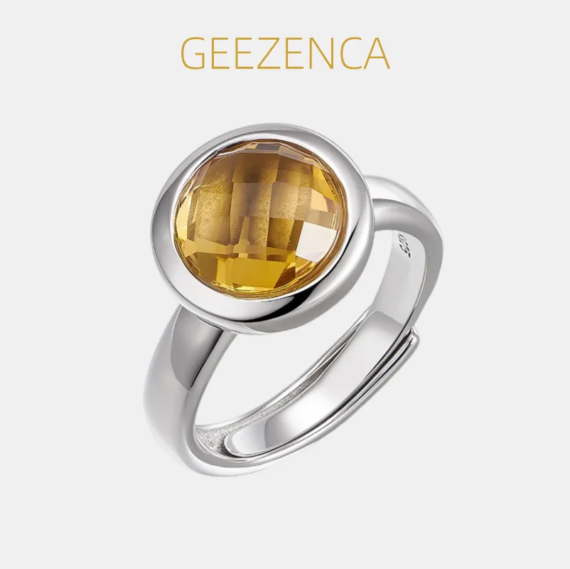 

GEEZENCA стерлингового серебра 925 пробы аметист цитрин круглый камень пасьянс открытые кольца женские простые изящные модные регулируемые кольца