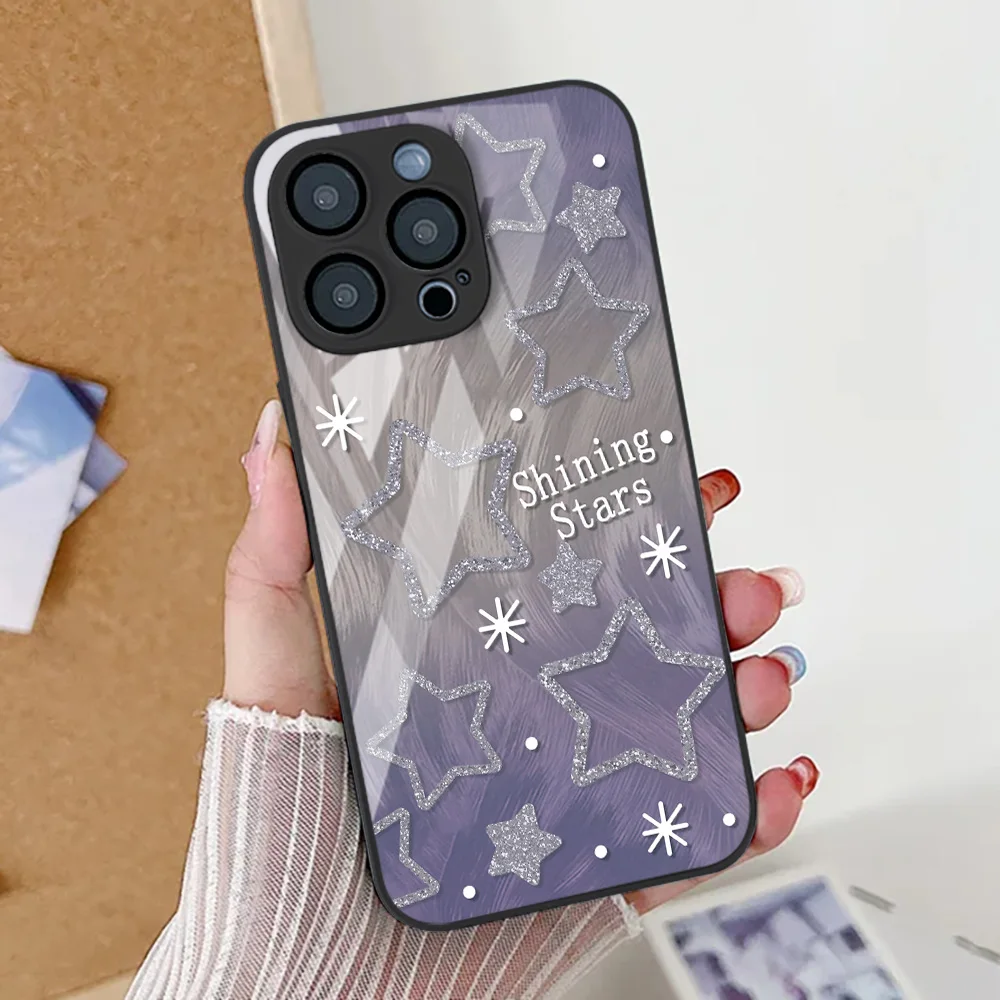 

Ins Korean Style Star Phone Case For iPhone 11 17 16 Pro 14 13 12 15 Pro Max 17 Air 16e 8 7 Plus XR SE 2022 Tempered Glass Cover