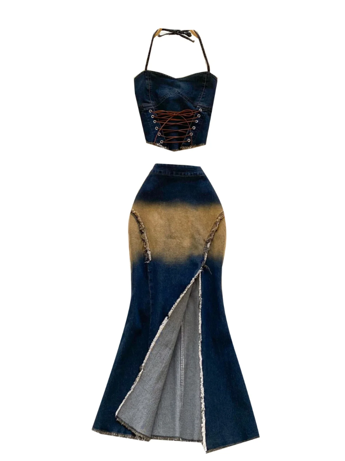 

Fenhunyu adient Color Set Strapl Vest + High Waist Split Long f Fi Tail Skirt Sexy Girl Faion Ensemble Spring 2025