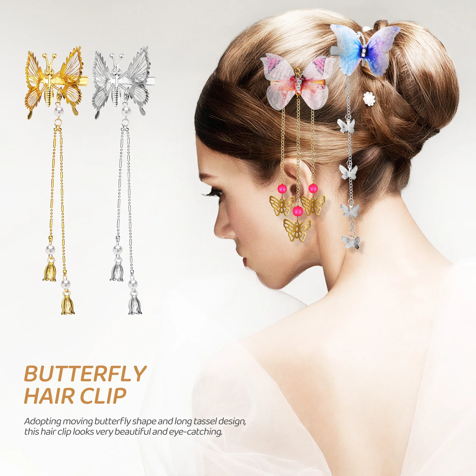 

8pcs Butterfly Hair Clips Moving Tassel Premium Metal Lightweight Firm Long Hair Straight Curly Ponytail Party Wedding Banquet