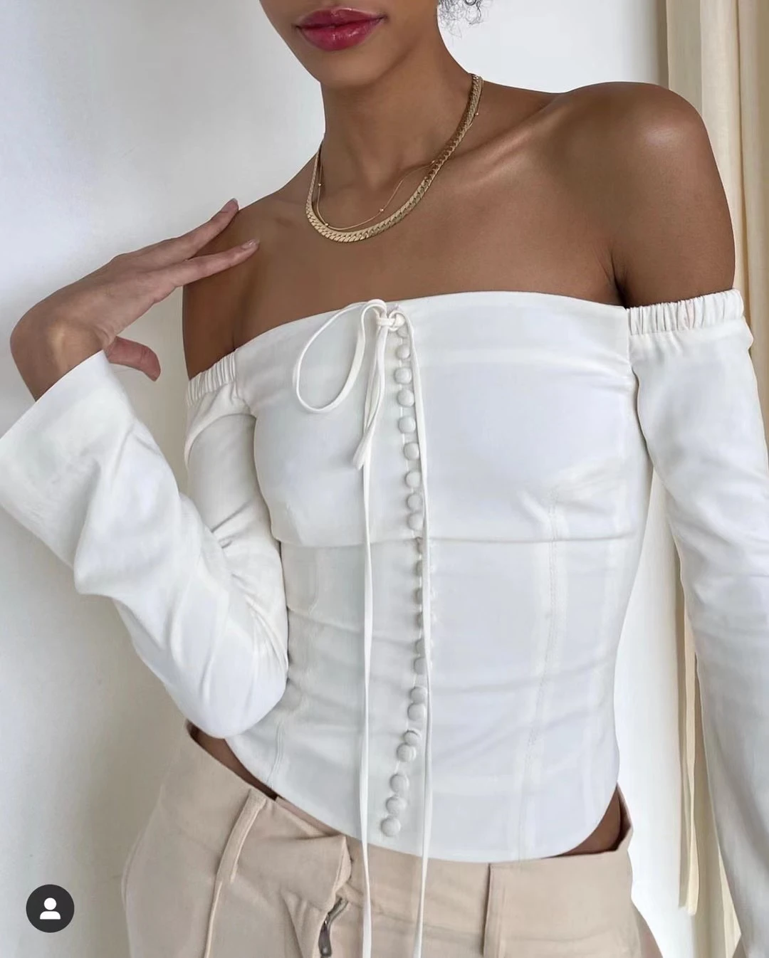 Women Sexy Off Shoulder Buttons Zipper Long Sleeve Top