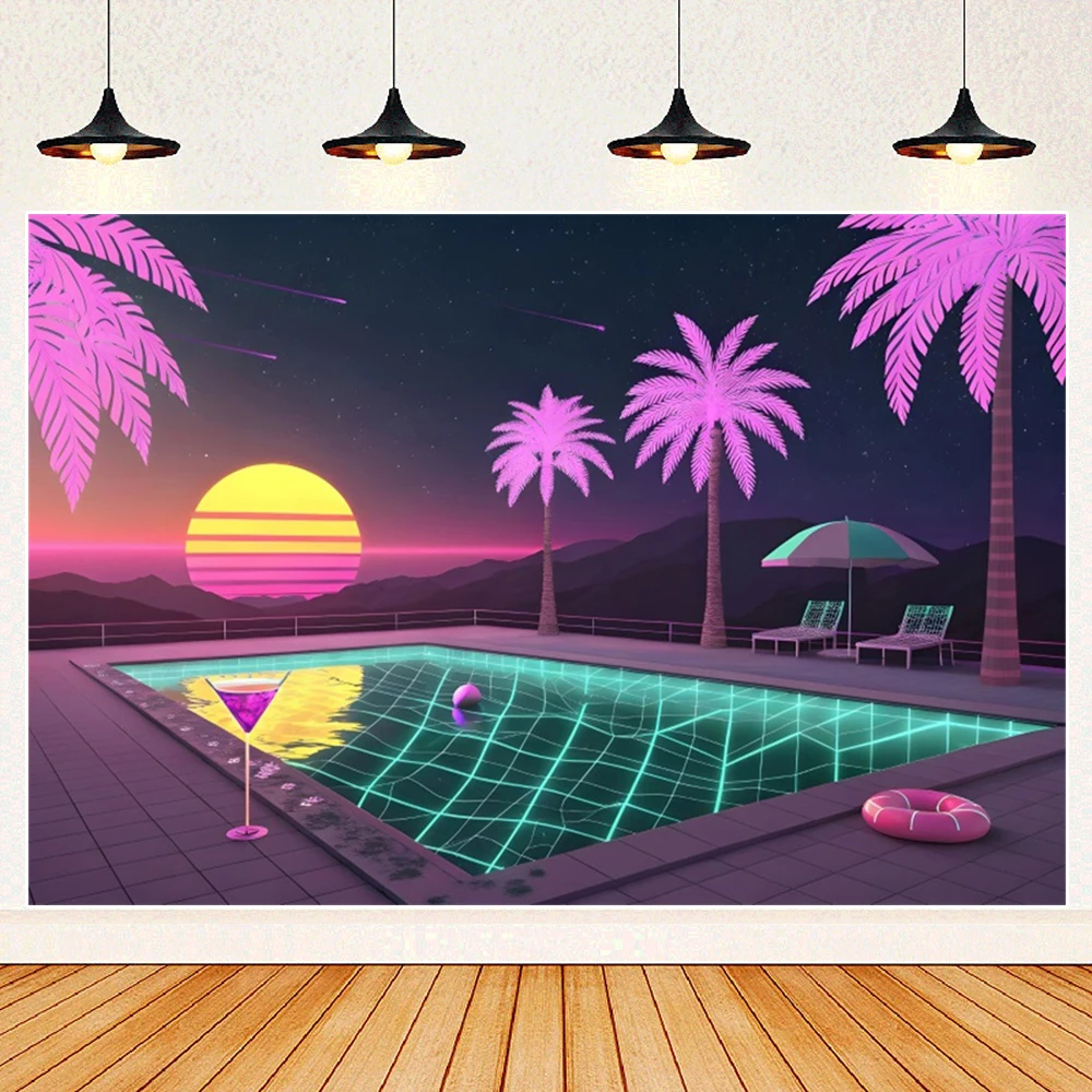 Summer Pool Party Sunset Sfondo Neon Albero di cocco Ruota panoramica Vacanza hawaiana Festa di compleanno Sfondo Photo Booth Puntelli
