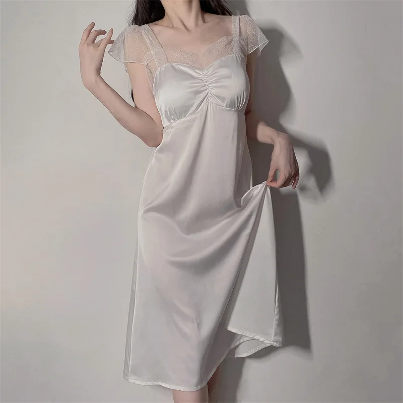 Satin Spaghetti Strap Nightgown Sleepwear Women Lace Trim Kimono Dressing Gown Lingerie Summer Sleepdress Patchwork Nightwear