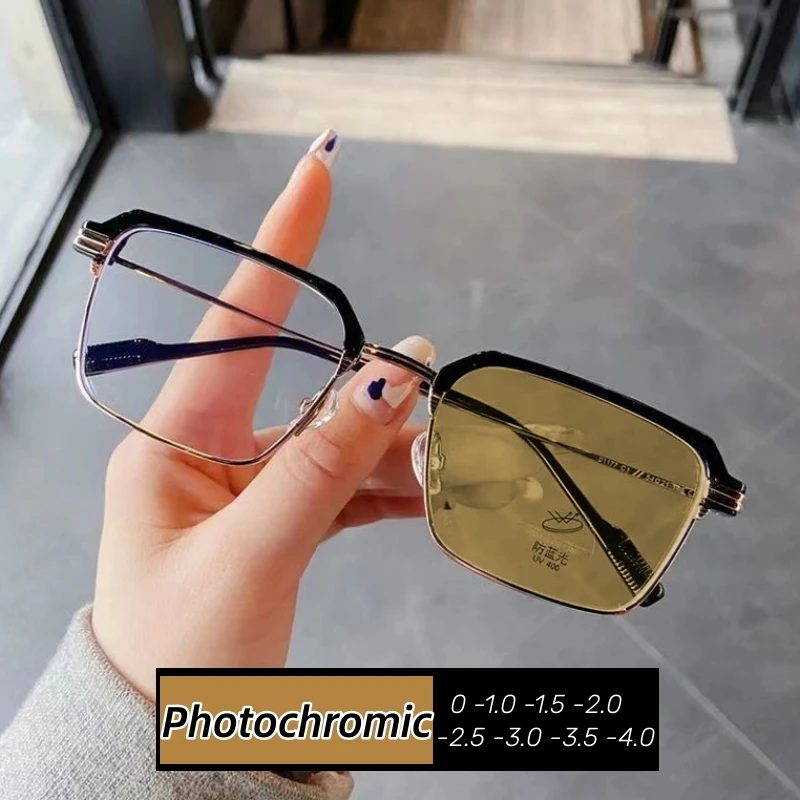 

Luxury Square Frame Photochromic Minus Diopter Eyeglasses Anti-blue Light Color Changing Sunglasses Prescription Myopia Glasses