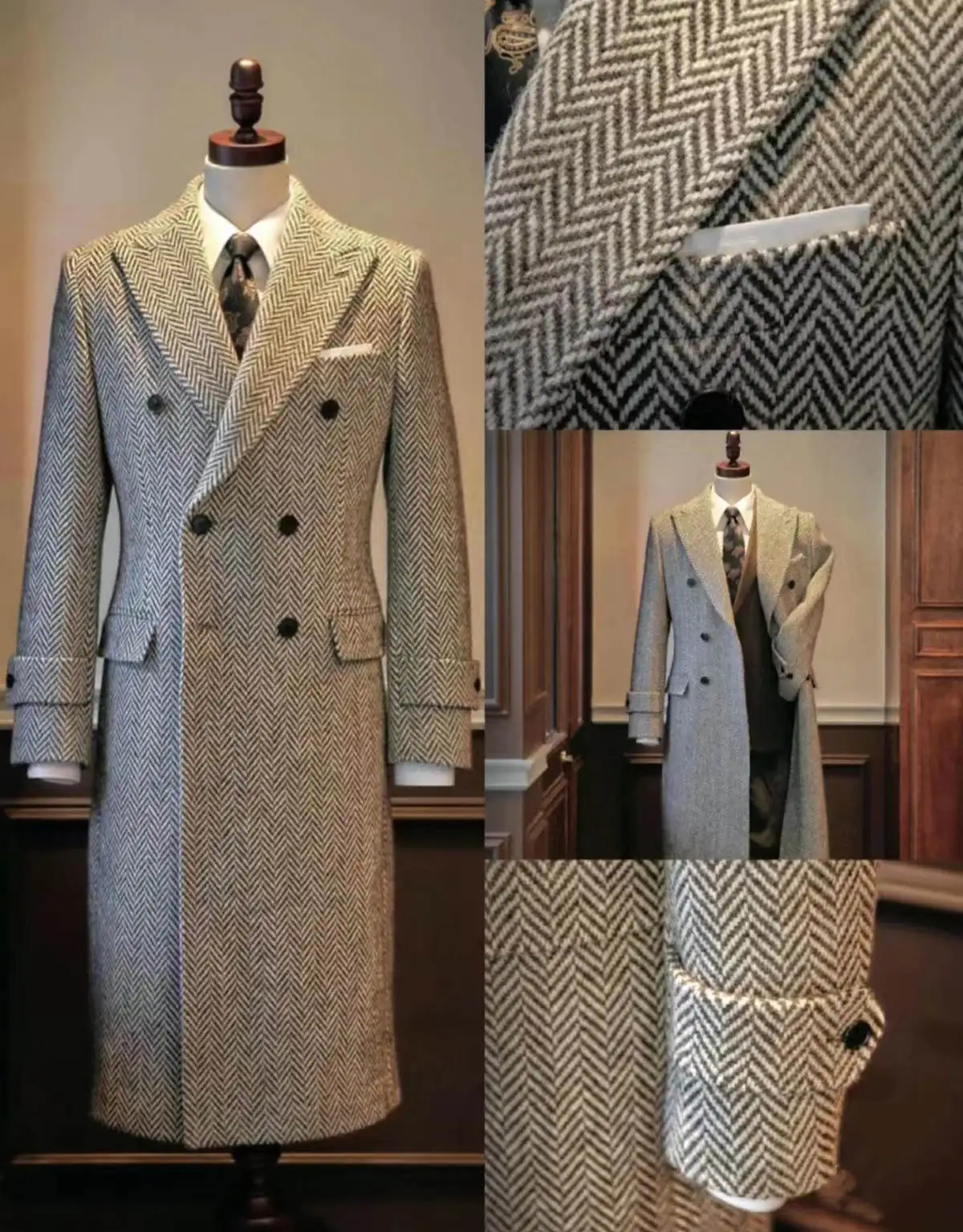 Gray Wool Tweed Winter Coat For Men Herringbone Slim Fit Formal Groom Wear Wedding Male Suits