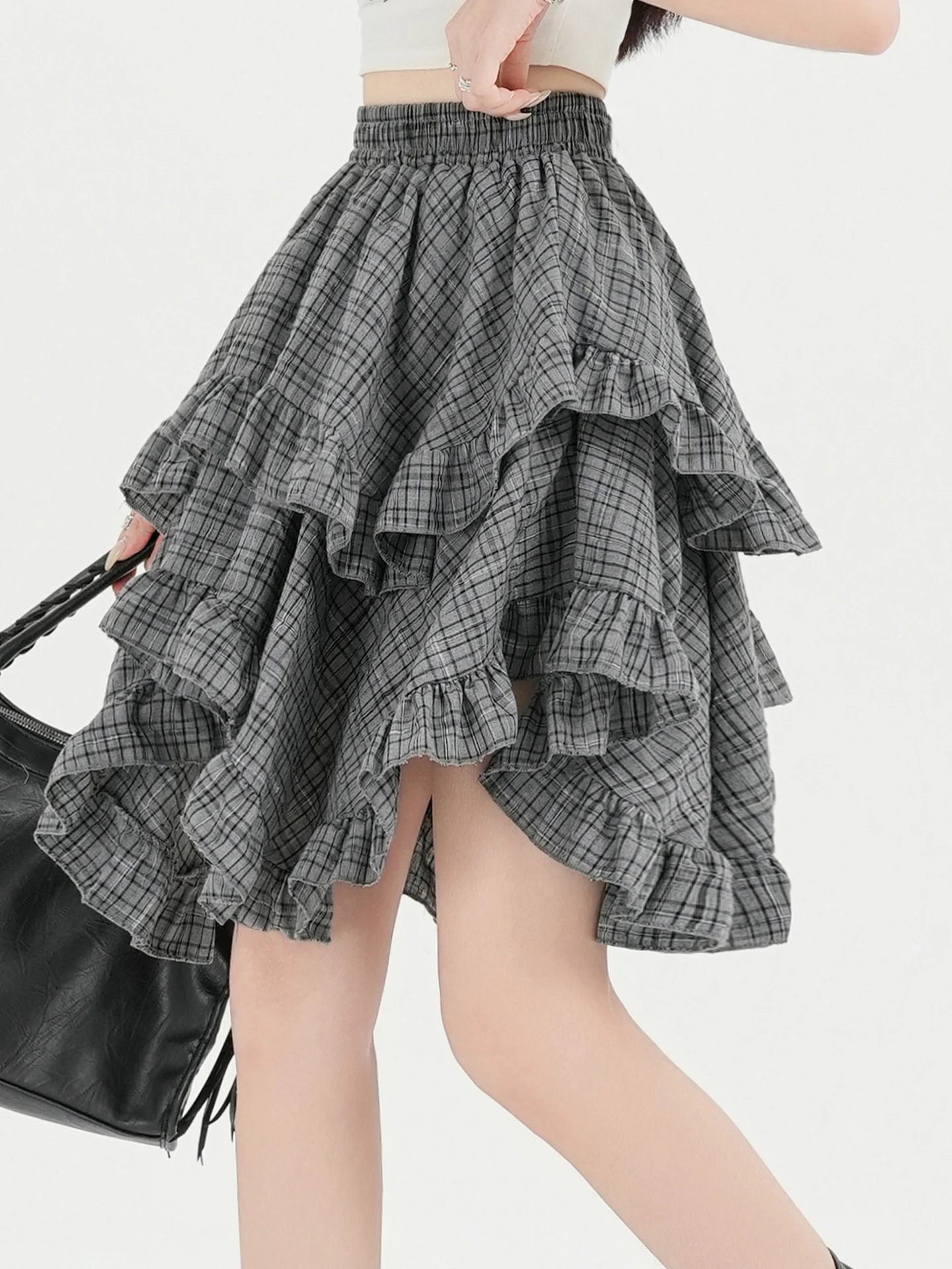 

Ретро-юбка миди А-силуэта с асимметричным цветным блоком и клетчатым узором, с высокой талией, женская, летняя, стройнящая, мягкая, удобная, в корейском стиле, для повседневной носки