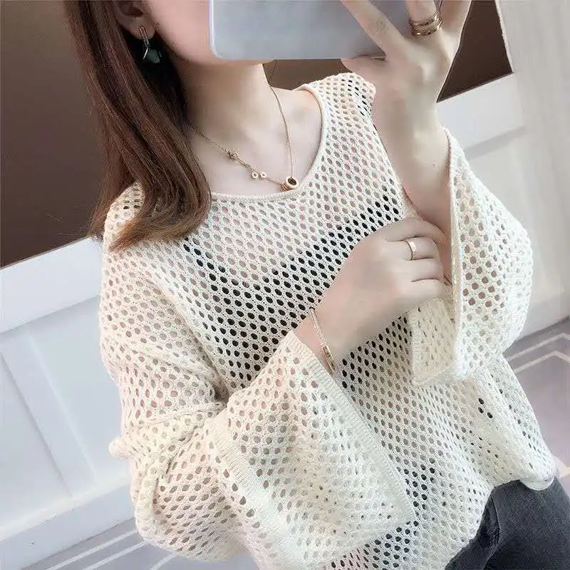 Woman Mesh Loose New Knit Sunscreen Tee Female Fashion T-shirt Hollowed Out Summer Ladies Sweater Casual Pullover Tops Shirt Q87