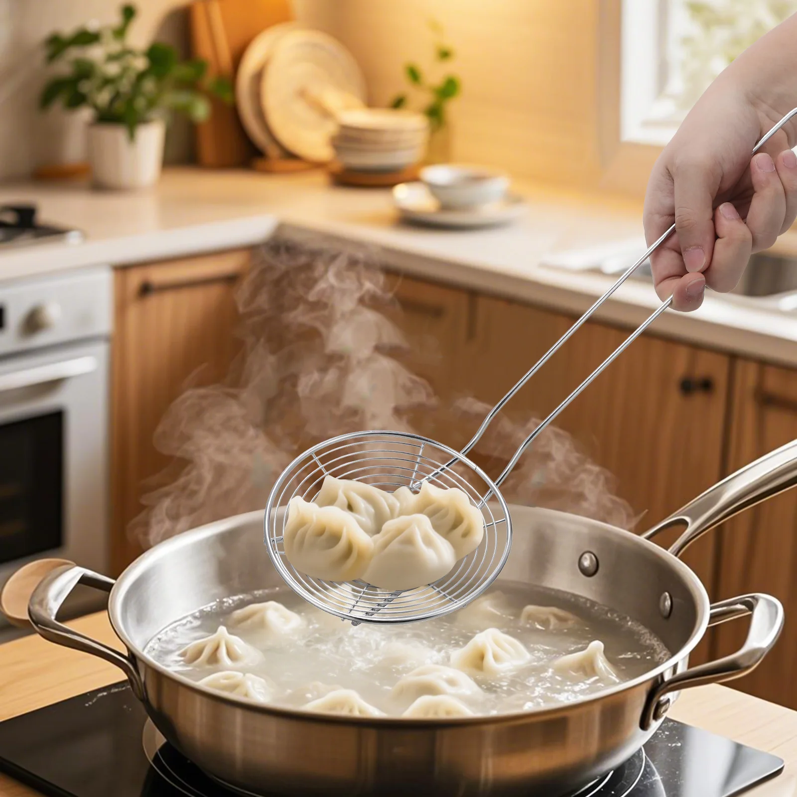 Stainless Steel Colander Heat Resistant Kitchen Filtering Ladle Soup Scoop for Pasta Hot Pot Practical Strainer