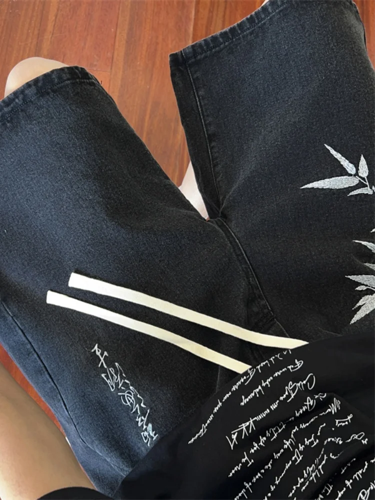 

Летние тонкие джинсовые шорты с вышивкой из бамбука, мужские повседневные брюки со средней посадкой, износостойкие, прямого кроя, молодежные, модные