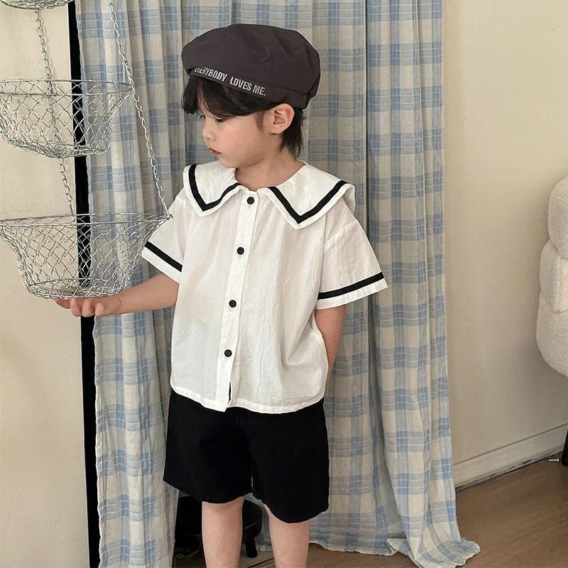 2024 Summer Kids Navy Style Brother Sister Outfits Boy Baby Loose Short Sleeve Tops+Solid Shorts 2pcs Girl Children Cotton Dress