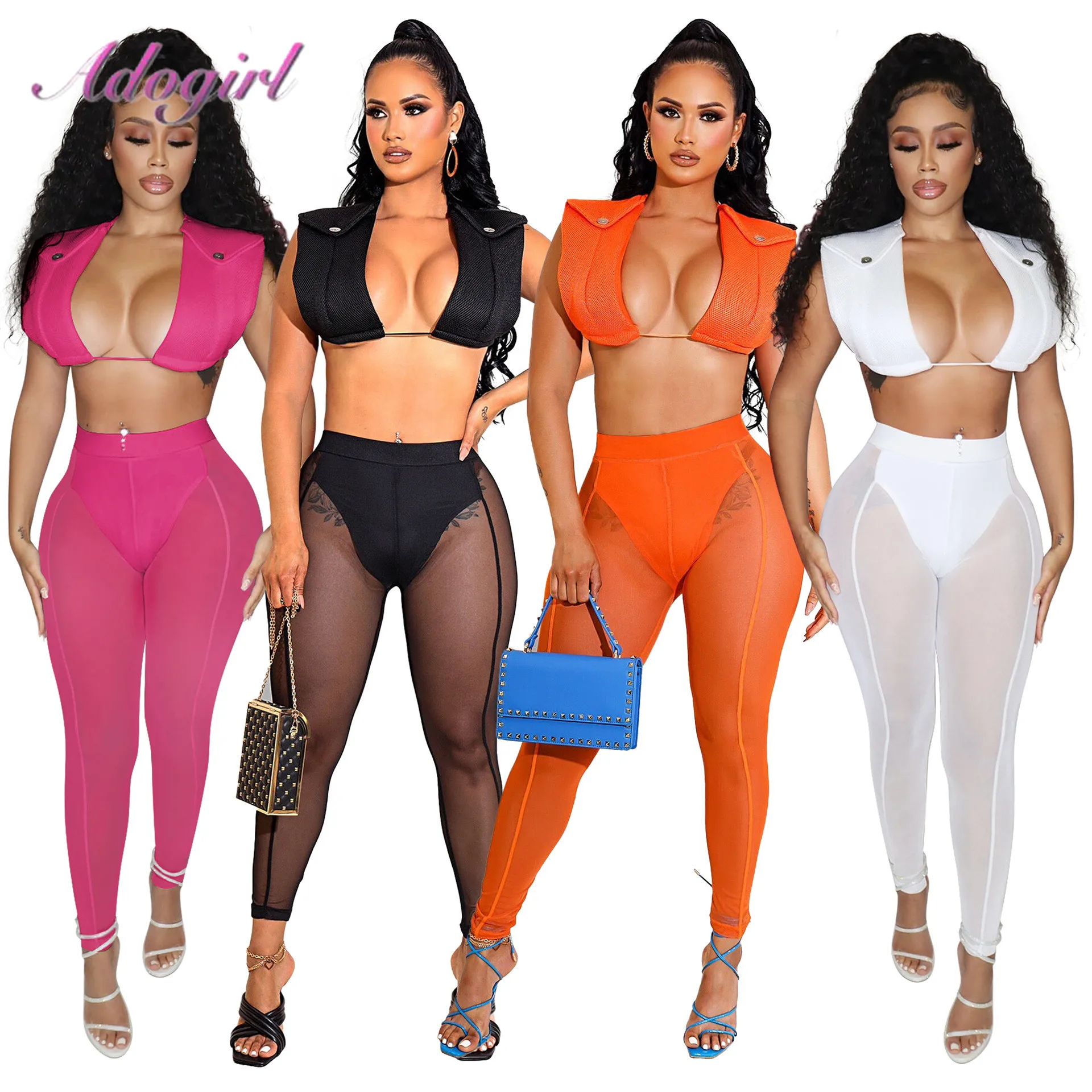 Fitness Sport Two Piece Set Women Summer Tracksuit Solid Cut Out Vest Crop Tops Sheer Mesh Legging Pants Outfit Party Club Suit