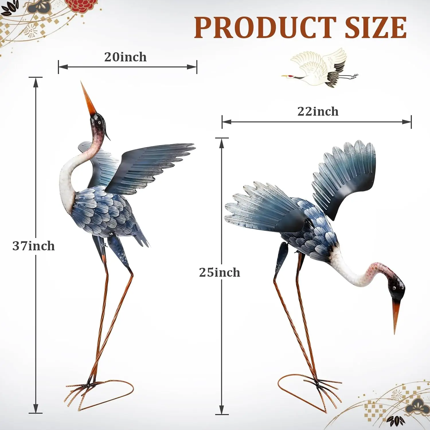 Outdoor Cranes for Yard Decoration, 2 Pack Blue Heron Garden Statues