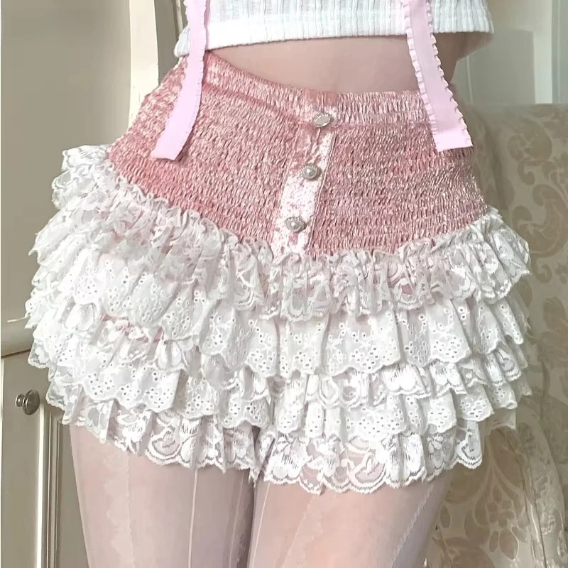 Women Sweet Lolita Lace Shorts Ruffles Elastic Waist Multilayer Kawaii Y2K Summer Bottoming Shorts