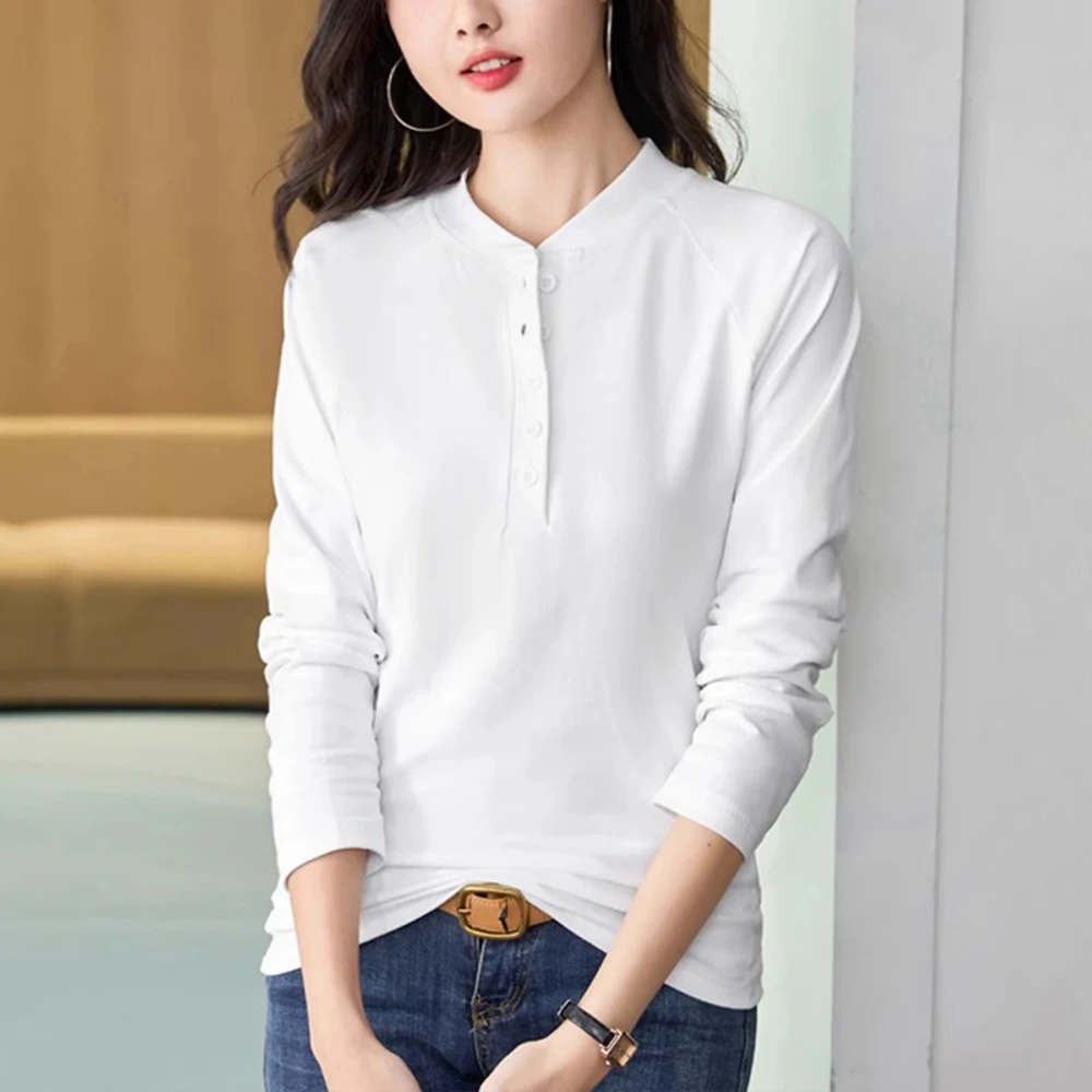 Korean version pure cotton long sleeved T-shirt for women's autumn new high-end fashion plus size casual stand up collar top