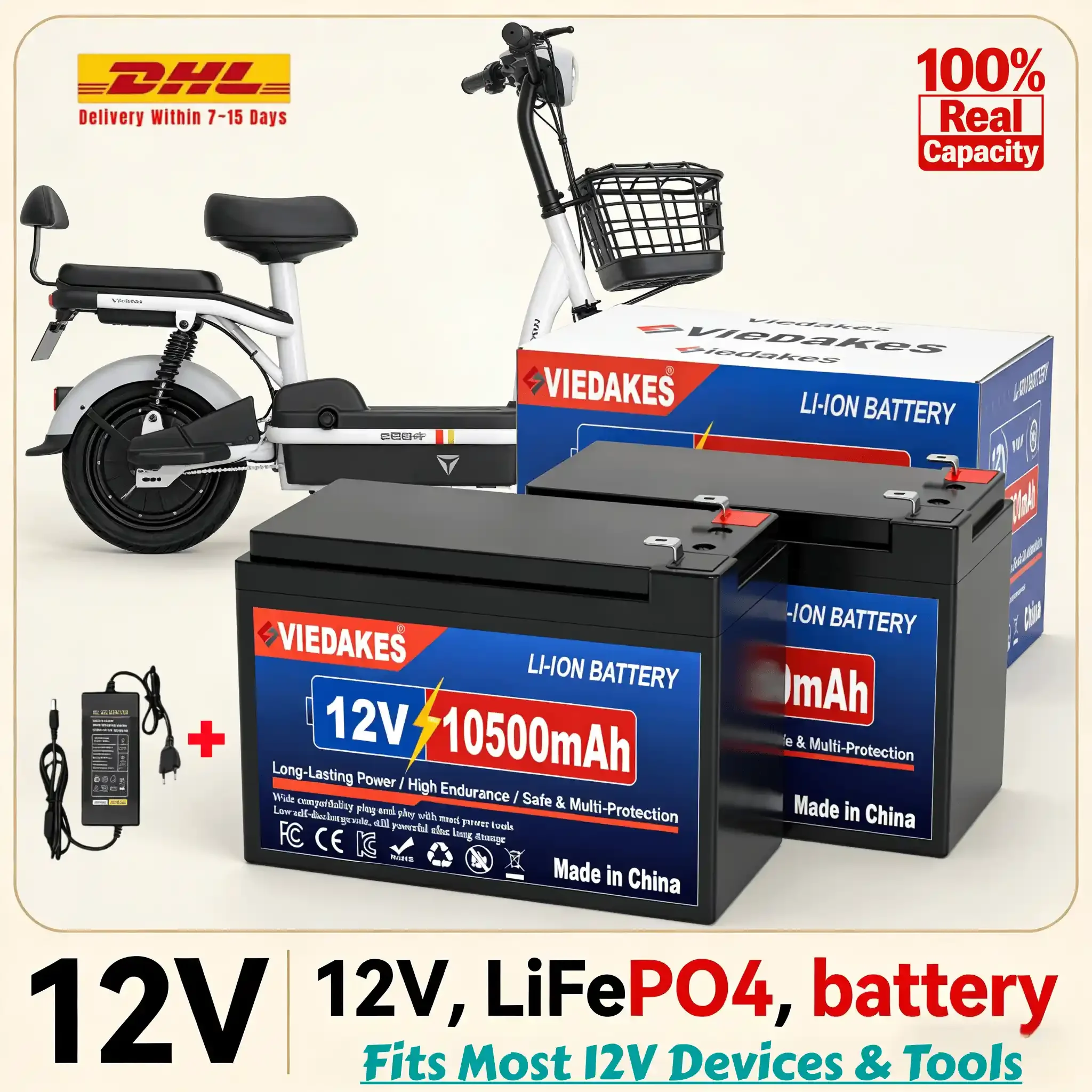 

VIEDAKES LiFePO4 12V 10.5Ah 3S7P Battery 100% Real Capacity with Charger for Outdoor LED Fish Finder