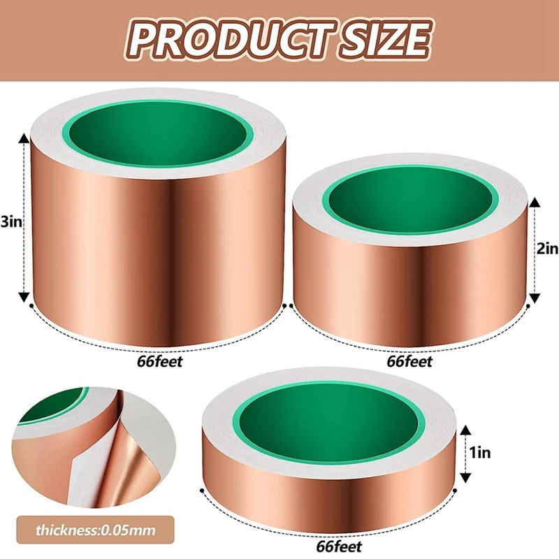 3 Stuks Kopertape Geleidende Zelfklevende Koperfolie Tape Koperen Afscherming Tape (1Inch X 66 Ft, 2Inch X 66 Ft, 3Inch X 66 Ft)