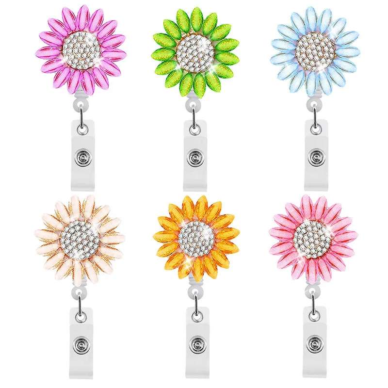 New Design 1 Piece Quality Rhinestone Sunflower Retractable Nurse Badge Reel Teacher Doctor Office ID Card Holder Alligator Clip
