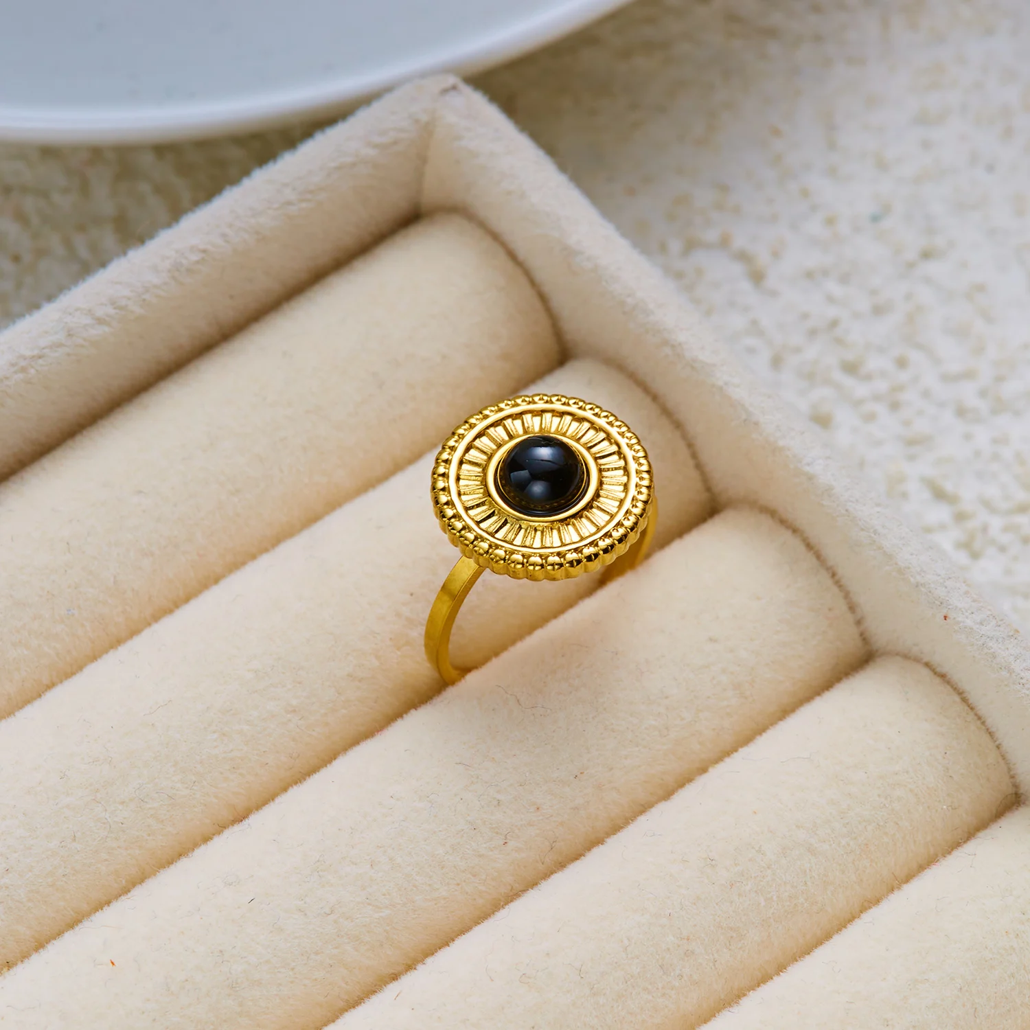 Edelstahlring mit übertriebener geometrischer Form für Damen, Metallstruktur, Sonnenblumen-Fingerring, wasserdicht, antioxidativ, Schmuckgeschenk – Detail 7