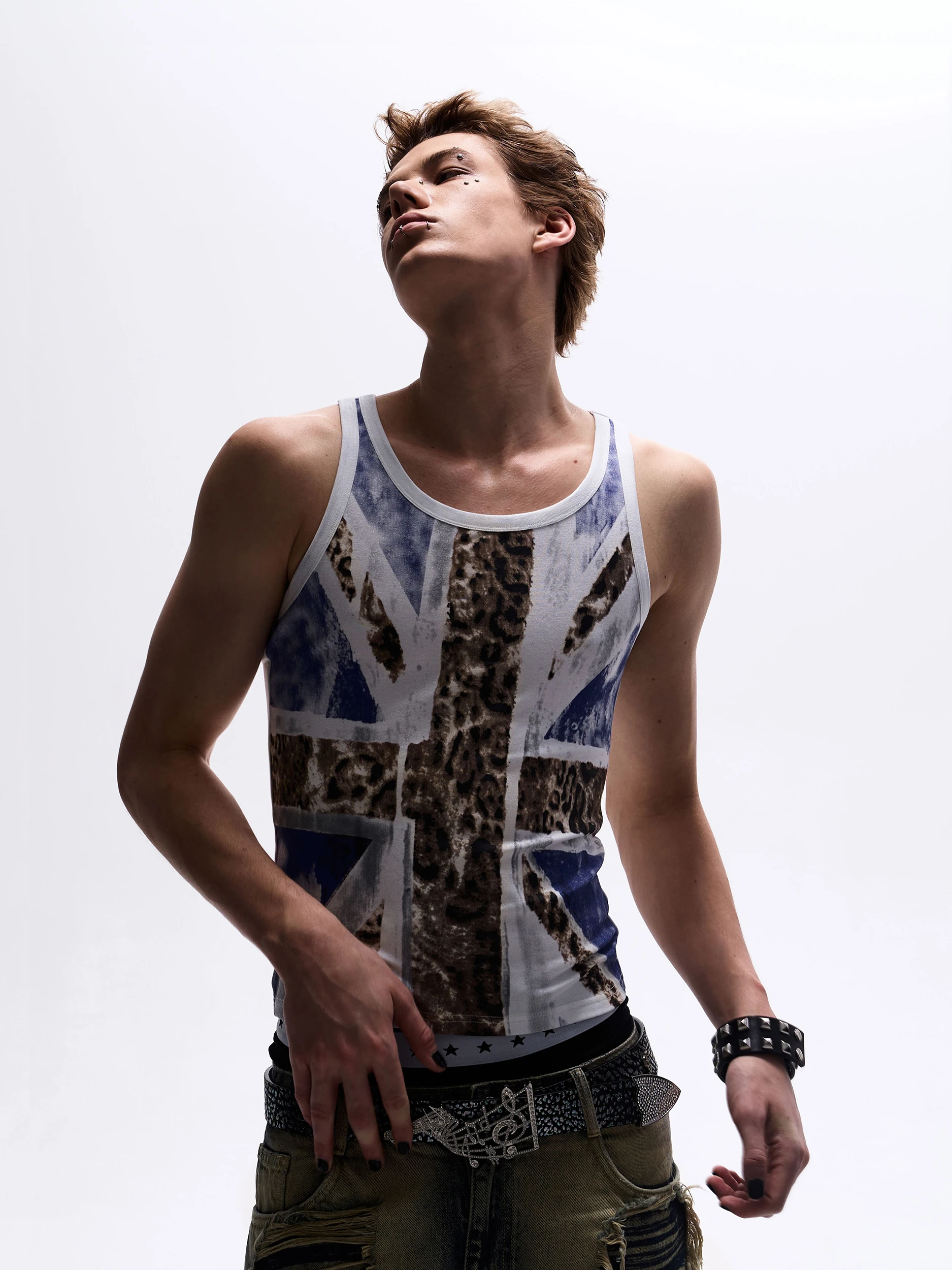 Men's Slim Fit Printed Vest StarTexceedEnd Flash Powder Leopard Print Flag Design Breathable Sweat Absorbent Summer Top