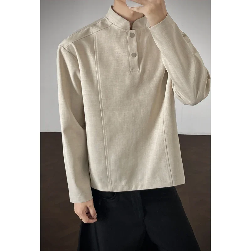 Male Autumn Mandarin Neck Long Sleeve Shirt Simple Stitched Texture Cloth Oversized Cut For Outdoor Travel Matching Style