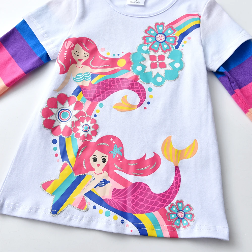 DXTON Girls Rainbow Sleeve T-shirts Spring Mermaid Printed Children Girls Tops Floral Toddlers Cotton Tees Cartoon Kids Outfits