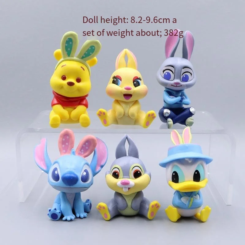 6Pcs/Set Cartoon Pooh Bear Stitch Edward Pooh Judith Donald Duck Squirrel Q Version GK Toys Cake Decor Action Figures Model Doll