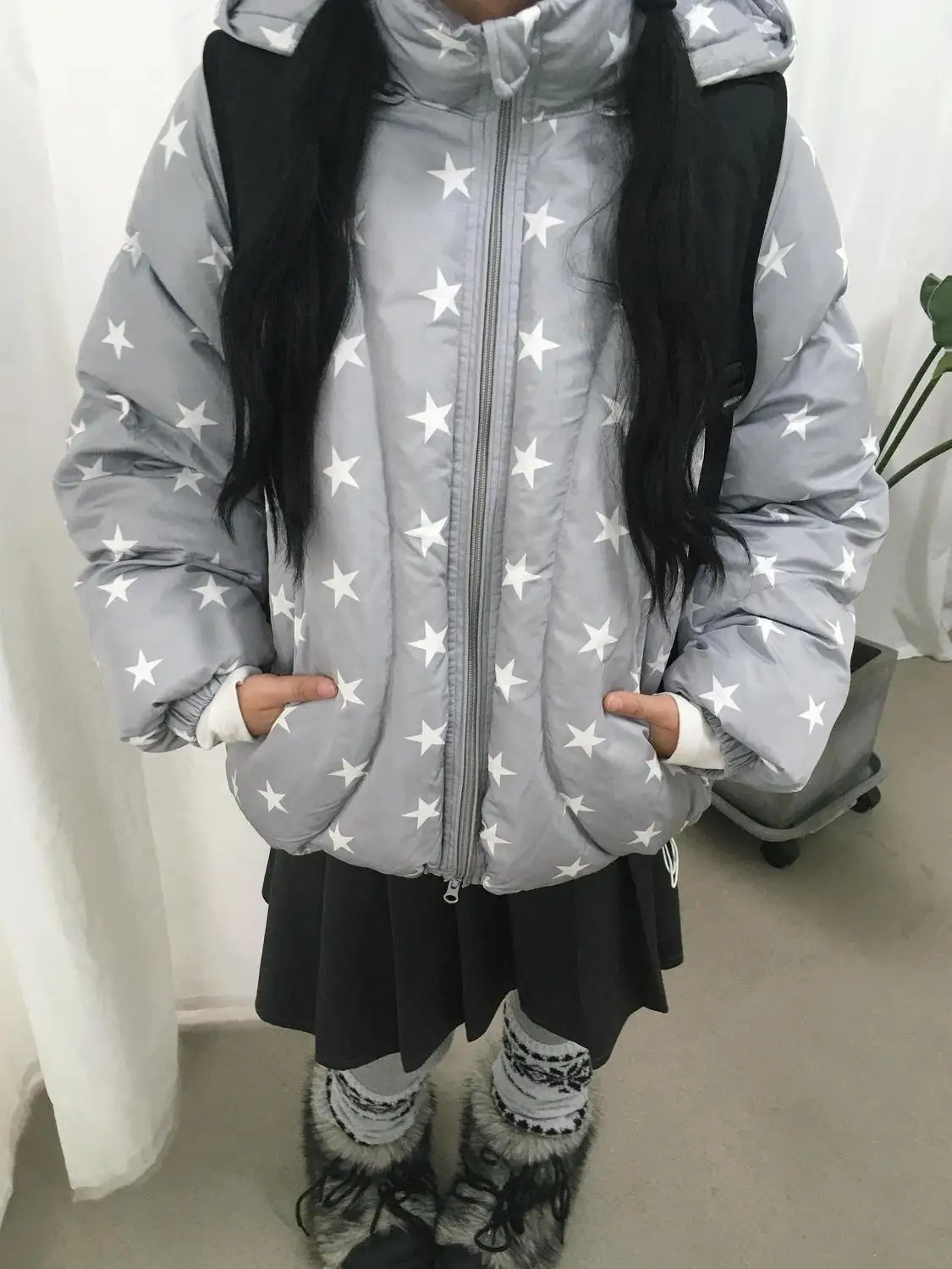 

Korean Style Stand Collar Hooded Coat Women's Winter Star Print Kawaii Loose Jacket Subculture Harajuku Aesthetic Outerwear