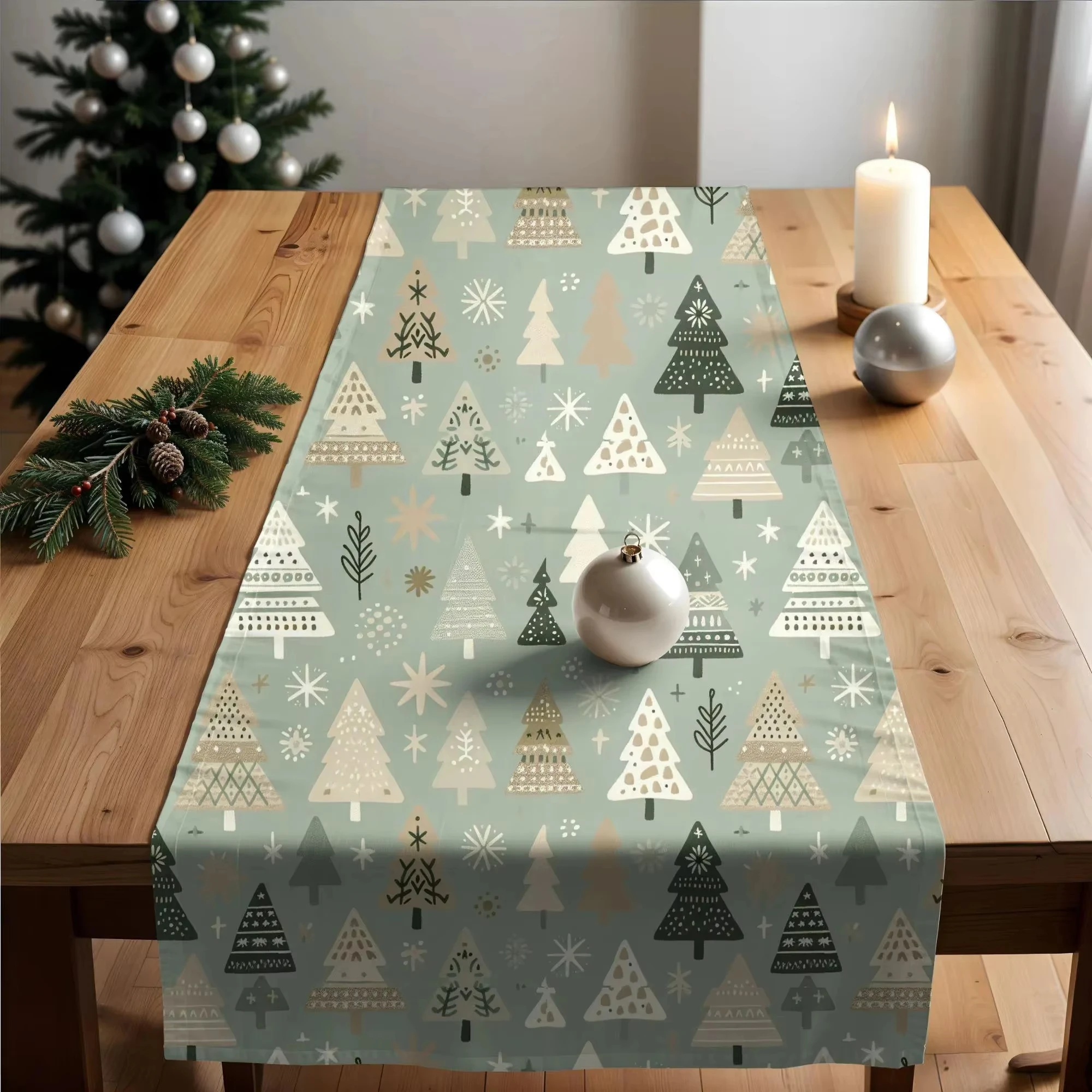 Boho-Weihnachtstischläufer in skandinavischem Salbeigrün |   Weihnachtsbaum-Design |   Dekor für Esstisch und Weihnachtsfeier