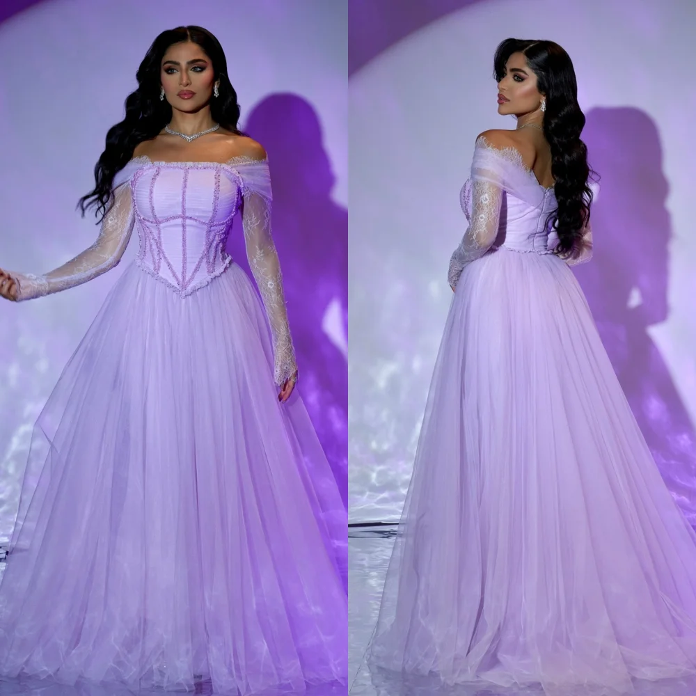 

Customized High Quality Net Sequined Pleat A-line Off-the-shoulder Long Dresses Bespoke Occasion Evening Fashion