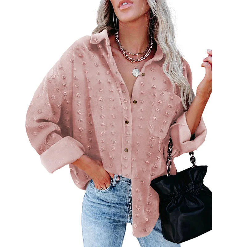 Dw 2025 Autunno Nuovo Colore Solido Chiffon Jacquard Risvolto Camicia a maniche lunghe Button-down Cardigan Allentato Magliette e camicette Abbigliamento Donna