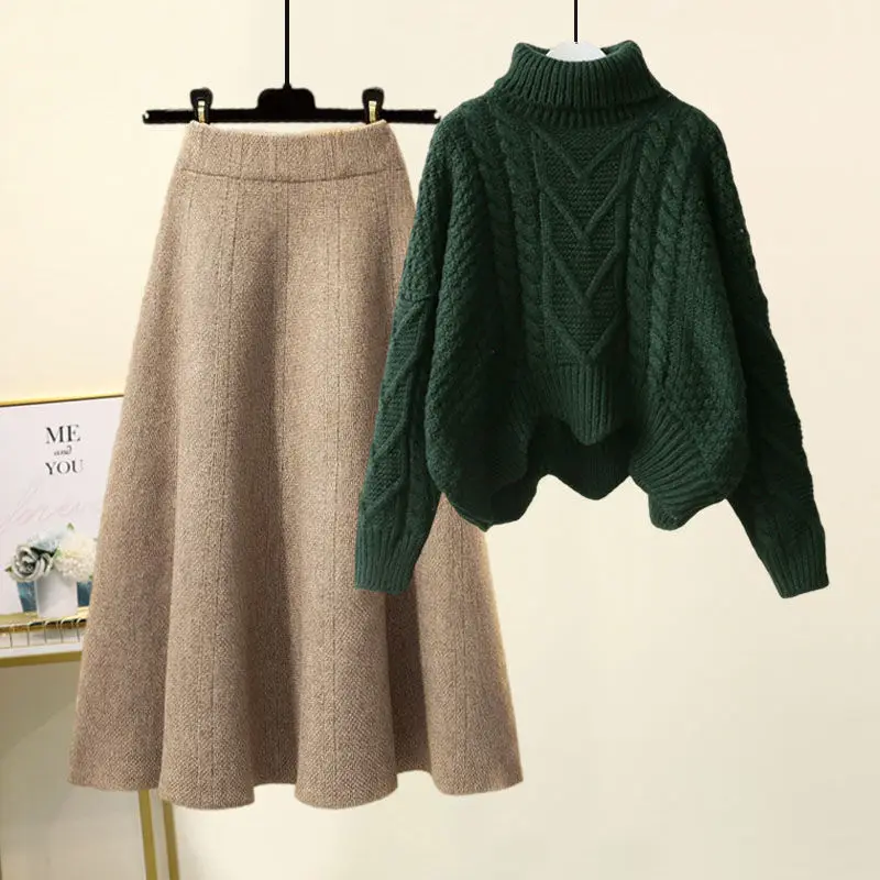 Autumn and Winter Set Women\'s 2023 New Korean Version Loose Fit Plush High Neck Knit Shirt Fashion Half Skirt Two Piece Set