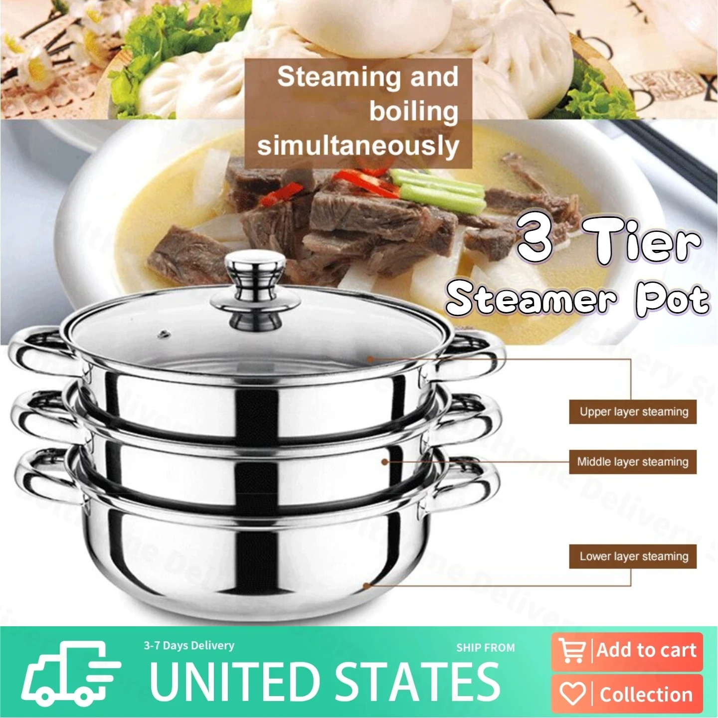 

3 Tier Steamer Pot for Cooking Vegetable Steamer & 2 Steaming Tray Steel Food Steamer Cookware for Gas Electric Stove Grill