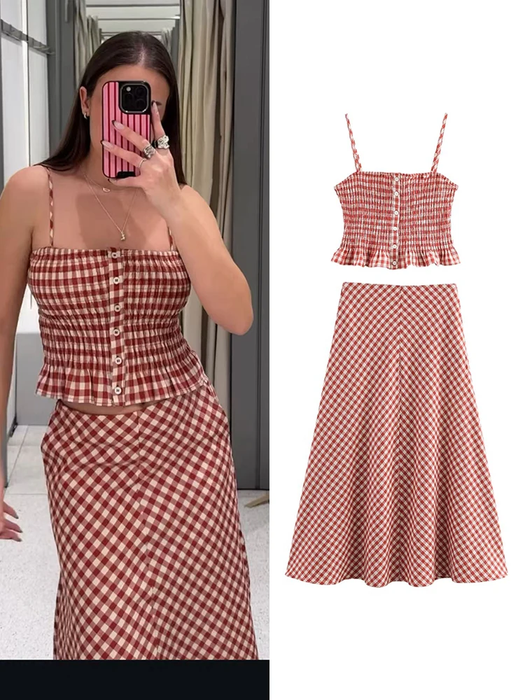 

2025 Summer Elegant Plaid Camis Skirt Set For Women Sweet Slim Slip Pleated Button Vests Long A-line Skirts Holiday Outfits