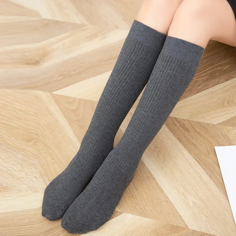 Pure Wool Calf Length Stocking Women's Knitted Long Socks Ribbed Winter Warm Casual Fine Yarn High Socks 1 Pairs Soft Christmas