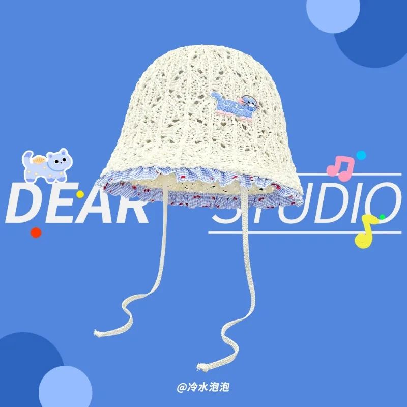 

Summer Cute Cat Sticker Embroidery Design Plaid Lace Bucket Hat Women Summer Shading Hollow Breathable Lace Foldable Sun Cap