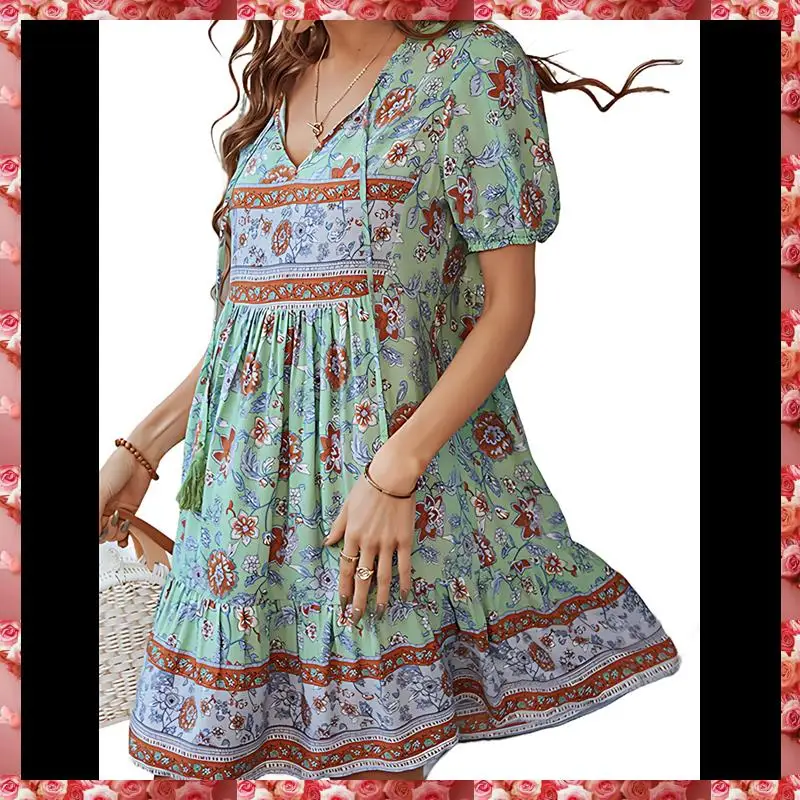 ผู้หญิงสบายๆ-ชุดฤดูร้อน Boho V คอแขนสั้น Babydoll พิมพ์ลายดอกไม้ Flowy Beach Dress
