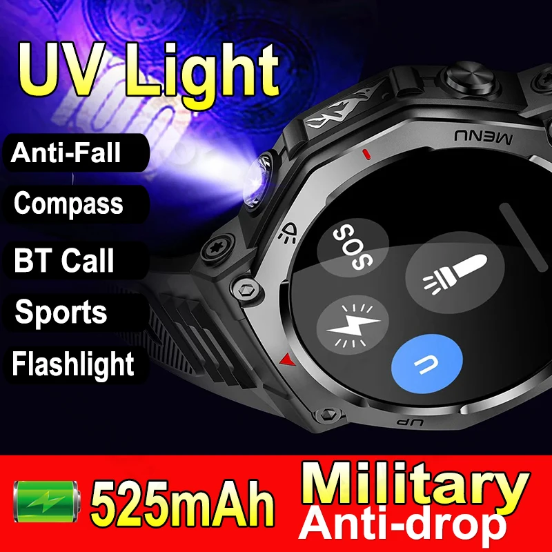 

Men Women Outdoor Sports Smart Watch Compass Anti-fall UV Light Strong Flashlight 525mAh BT Call Heart Rate Monitor Smartwatch