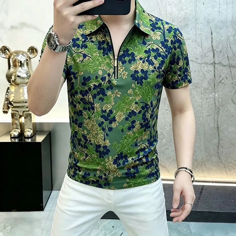 

Модная летняя мужская футболка-поло с принтом и короткой молнией, дышащая, приталенная, с коротким рукавом, повседневная, в стиле стритвир