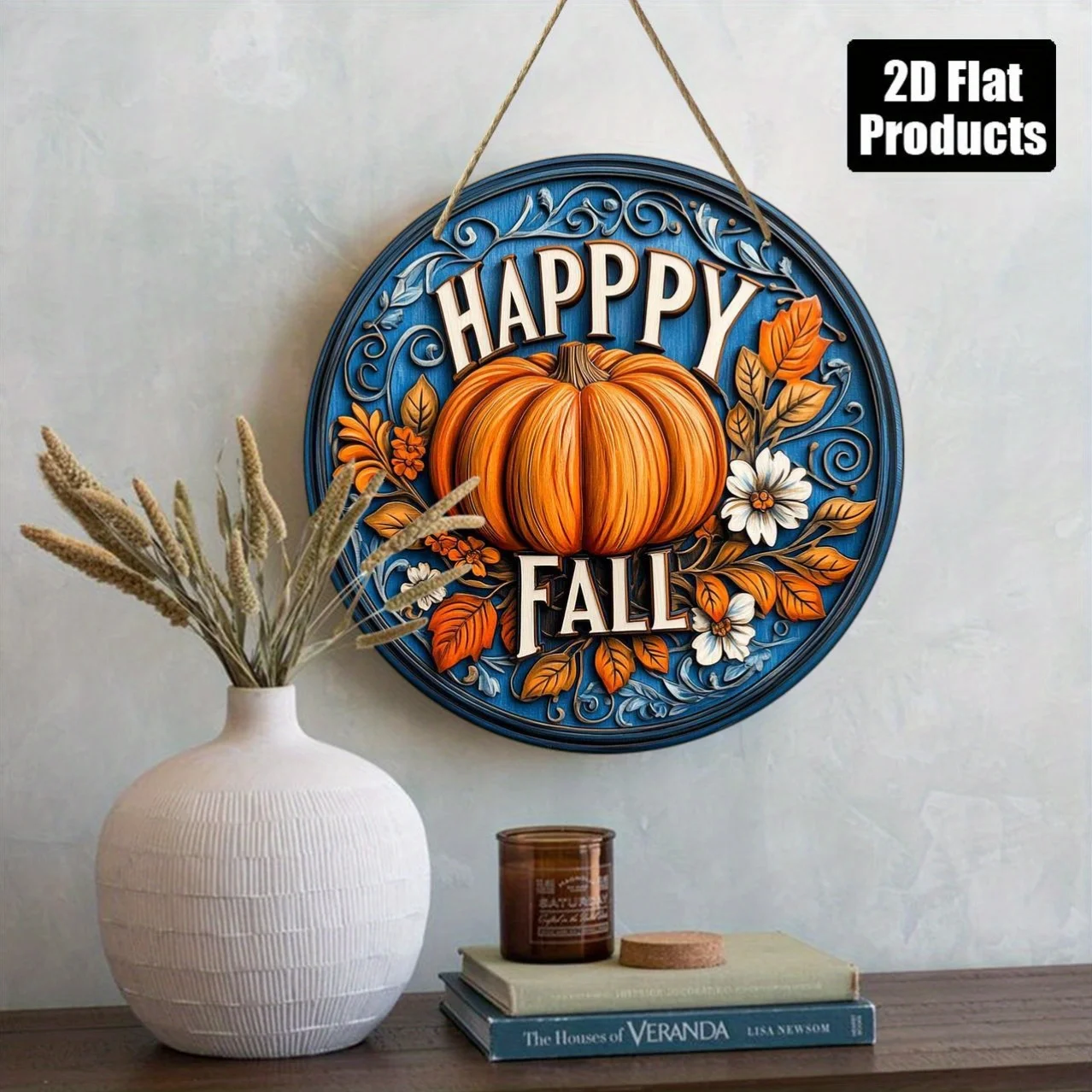 2D Flat- 1pc Happy Autumn Round Wooden Wall Decor | 8.0X 8.0inch Country-Style Pumpkin And Floral Design, Plywood for Home, Offi