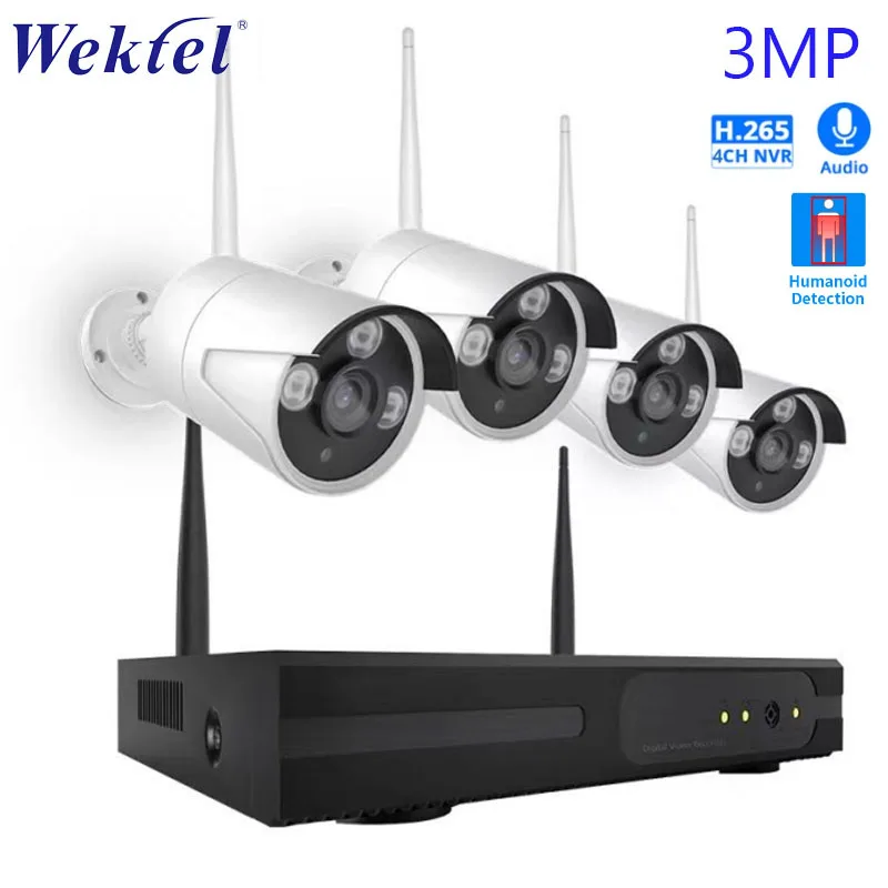 Wektel 3MP 5MP Wireless wifi Security Camera System 4ch Wifi NVR + 4Pcs Outdoor Audio Video Surveillance Cameras Set