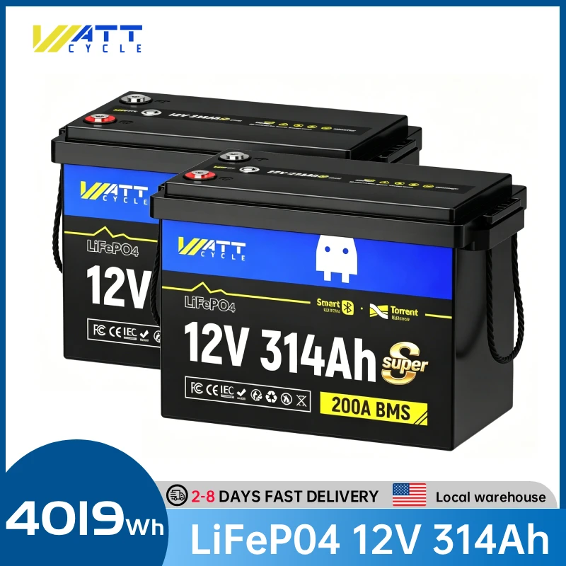 

Wattcycle 12V 314Ah Mini LiFePO4 Lithium Battery 2 Packs New 4-in-1 Smart Switch with 200A BMS For Vans,Golf Cart,Boat,RV,Camp