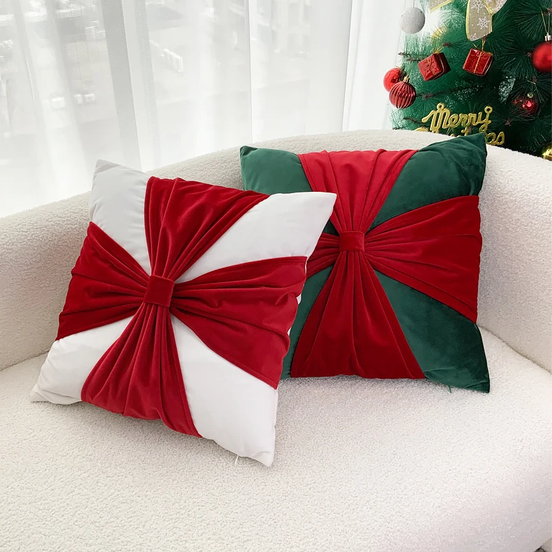 BUYNOW 1PC Christmas Dutch Velvet Bow Throw Pillowcase Atmosphere Living Room Sofa Squar 18x18inch Cushion Cover  Home Bed Decor