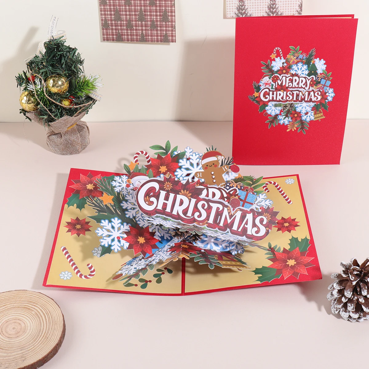 1PC Weihnachten Schneeflocke Blumenmuster 3D Pop-up-Grußkarte, Urlaubssegen Dankeskarte (einschließlich Umschlag)