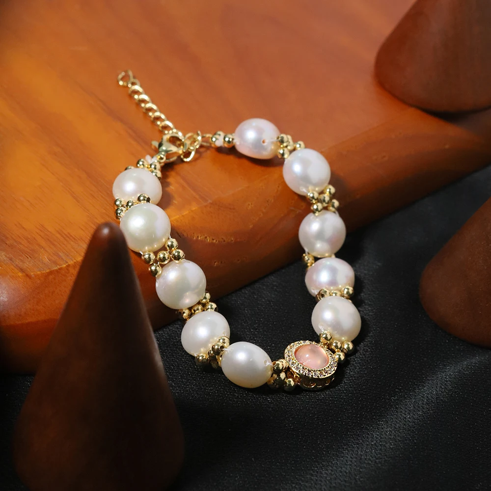 Natural Freshwater Pearl Pink Cat Eye Stone Bracelet Korean Style Women Luxury Jewelry Fashion Ladies and Girls Gift GB1160