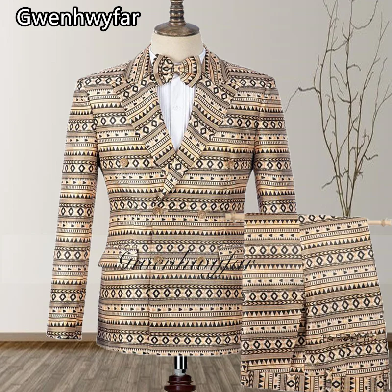 Gwenhwyfar Latest Design Peaked Lapel Double Breasted Tuxedo Striped Graphics Pattern Men Suit Party Prom Clothes (Jacket+Pants)