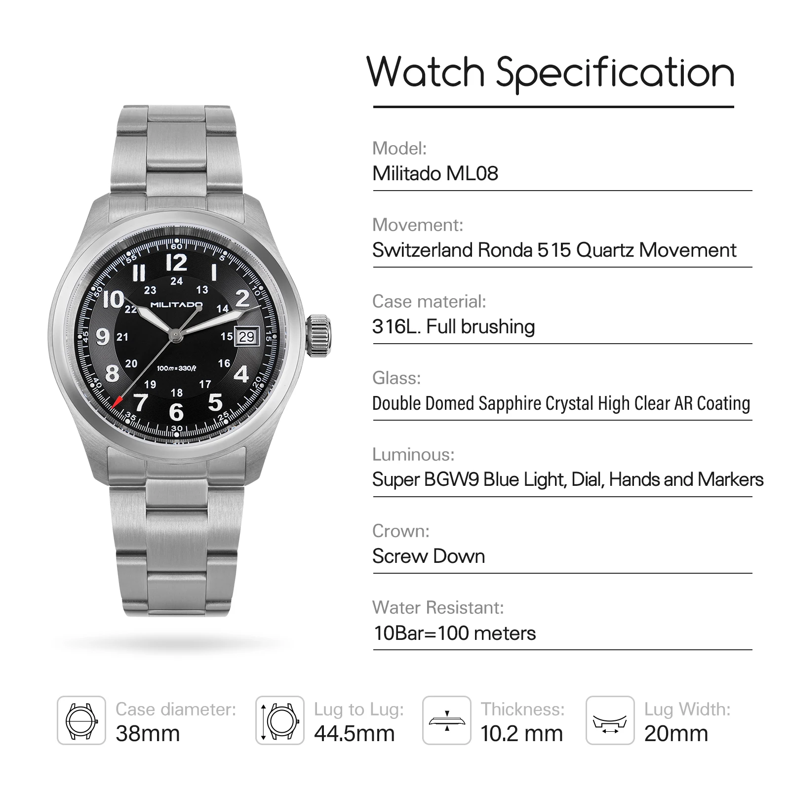 Militado ml08 relógio de quartzo vintage ronda 515 movimento ar espelho safira 38mm relógio de pulso data super luminoso relógios à prova dwaterproof água