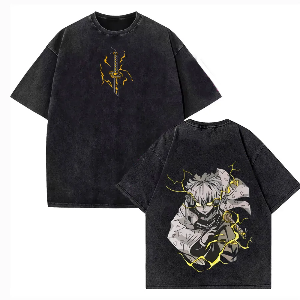 Zenitsu Demon Slayer Graphic T-shirt Manga Vintage Washed T Shirt Men Women Clothing Cotton Soft Short Sleeve Tees