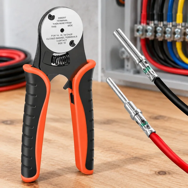 Heavy-Duty Crimping Tool for Deutsch Connectors, 4-Way Indent, Closed Barrel, Compatible with 14-18 AWG Wires