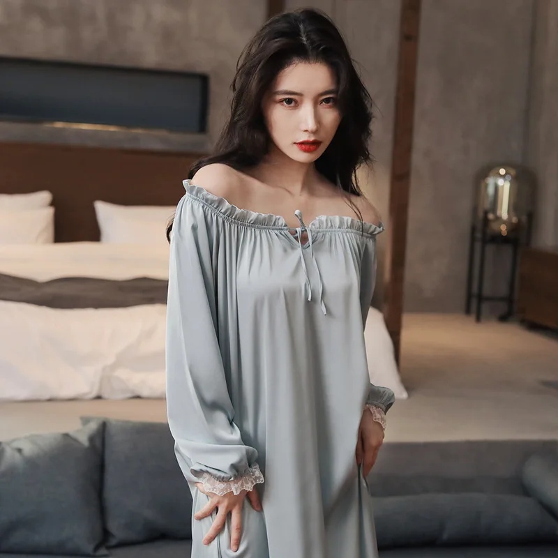 New Women's Long Sleeve Ice Silk Sleep Dress Spring Summer Autumn Winter Lightweight Home Clothes Nightgown Robe