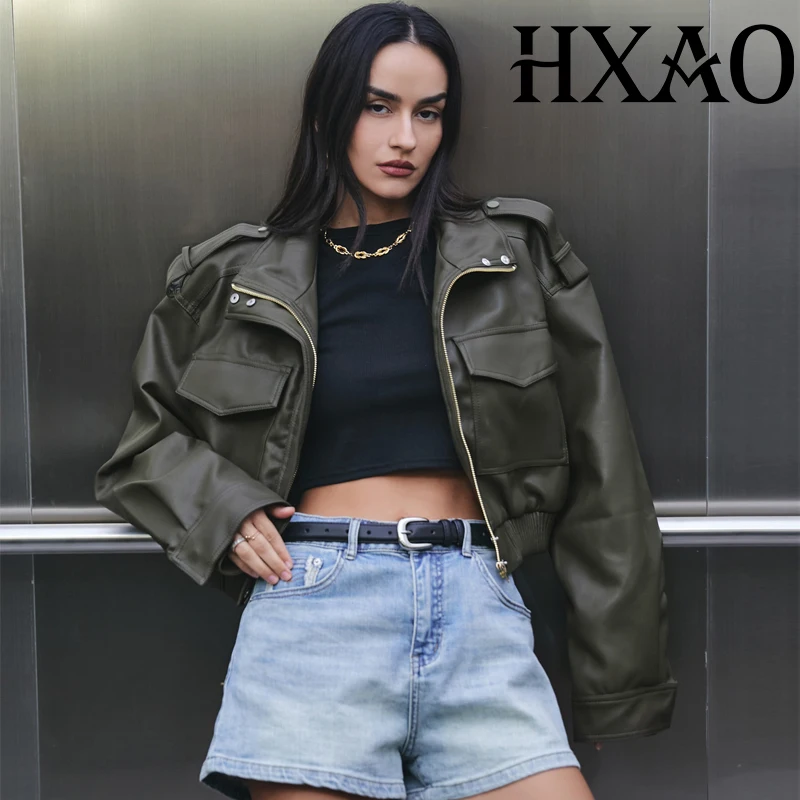 

Куртка-авиатор HXAO для женщин, демисезонная, из искусственной кожи, с длинными рукавами, женская мотоциклетная куртка на молнии, уличная зеленая куртка